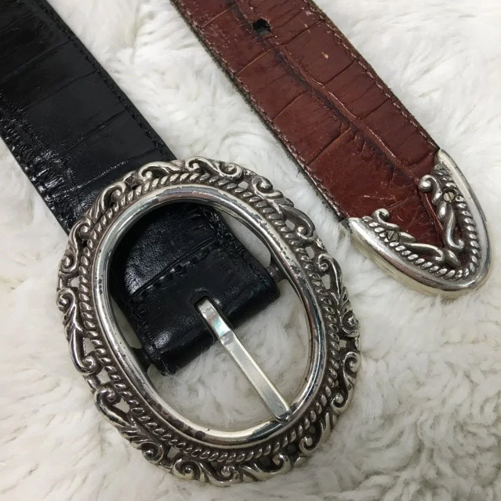 Brighton Womens Reversible Silver Black Brown Leather Belt size Medium
